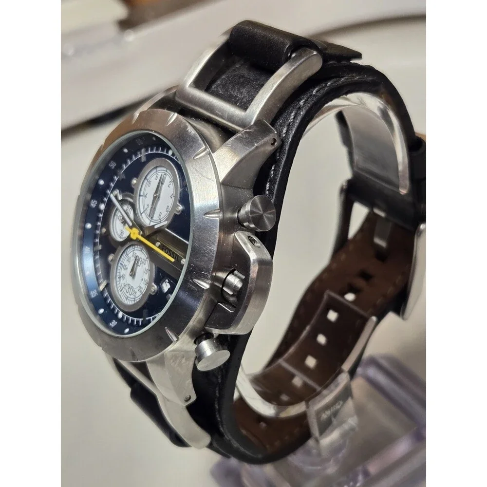 Fossil Blue Dial Chronograph Watch with Black Strap and Yellow Accents